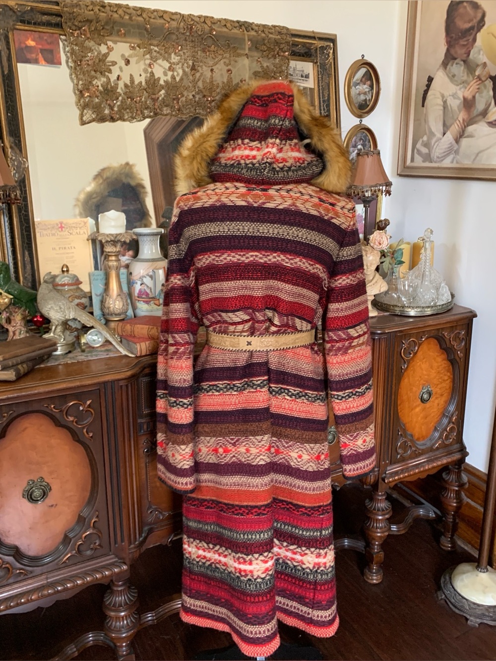 Vintage Boho Nepal-inspired Cardigan Sweater w Leather Belt & Faux Fur Hood - Picture 4 of 16